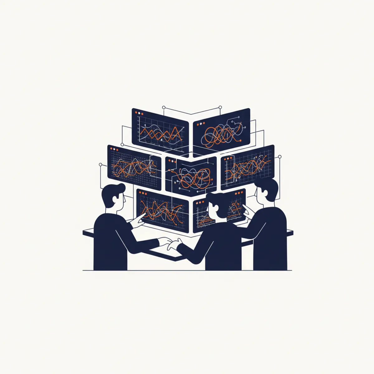 Strategic representation of an AEO agency team analyzing AI search engine response patterns on multiple screens.