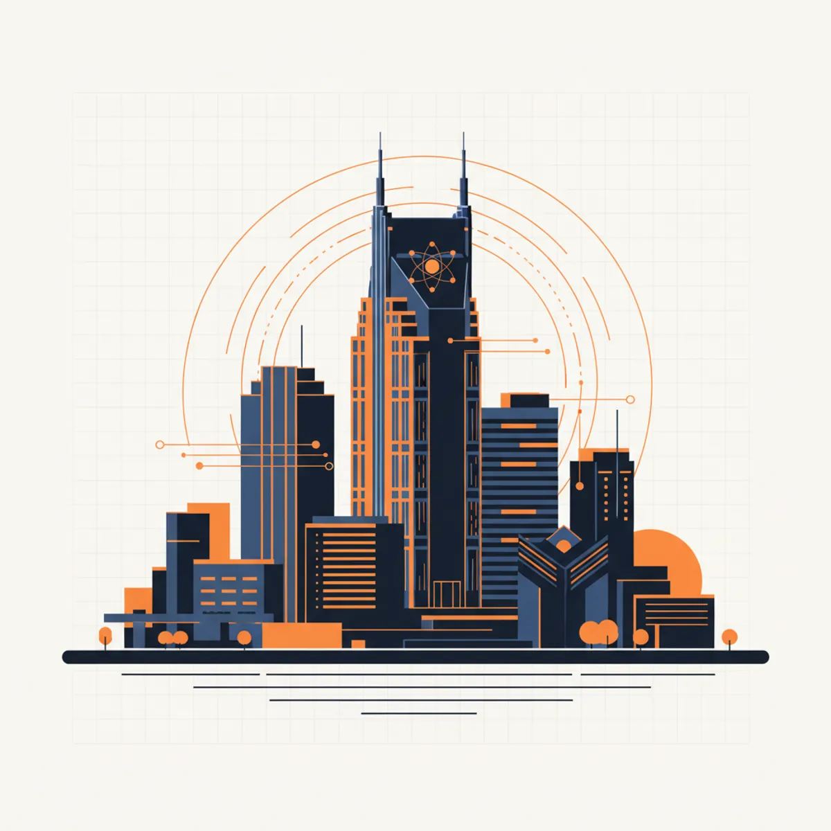 Modern Nashville skyline at dusk representing digital transformation and AEO technology