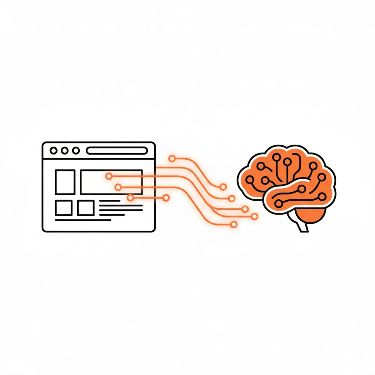 A modern illustration showing a digital interface connecting a website to an AI brain icon.
