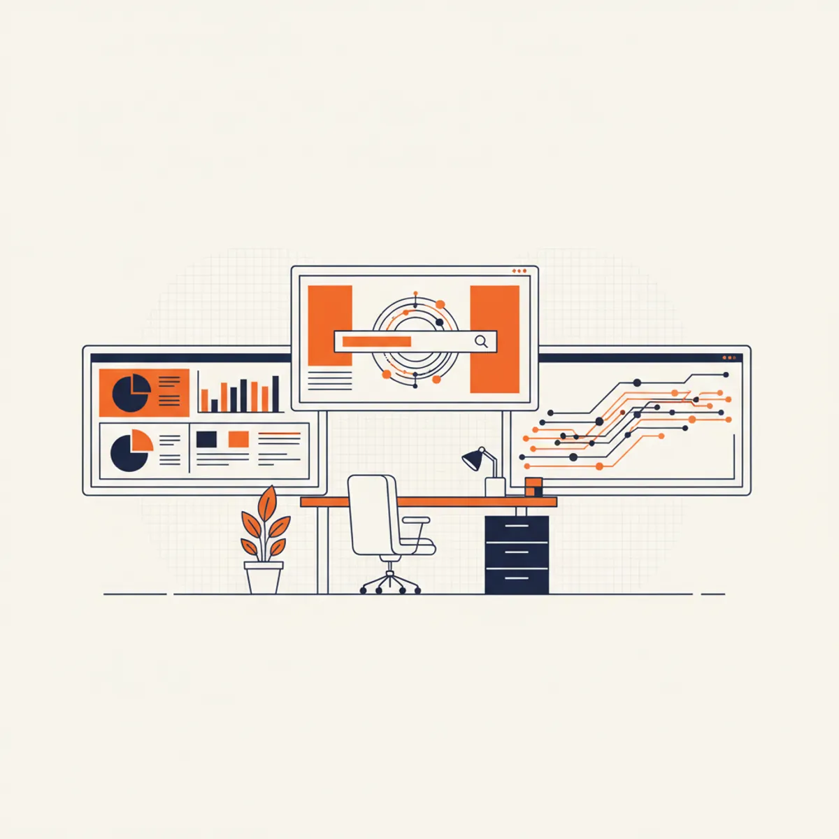 Modern office setting with digital displays showing AI search query results and data analytics.