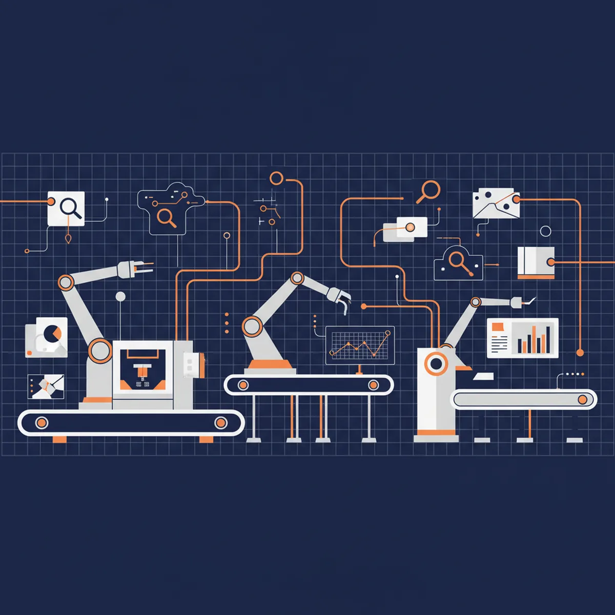 Modern automated manufacturing facility with digital data overlays illustrating AI search connectivity.