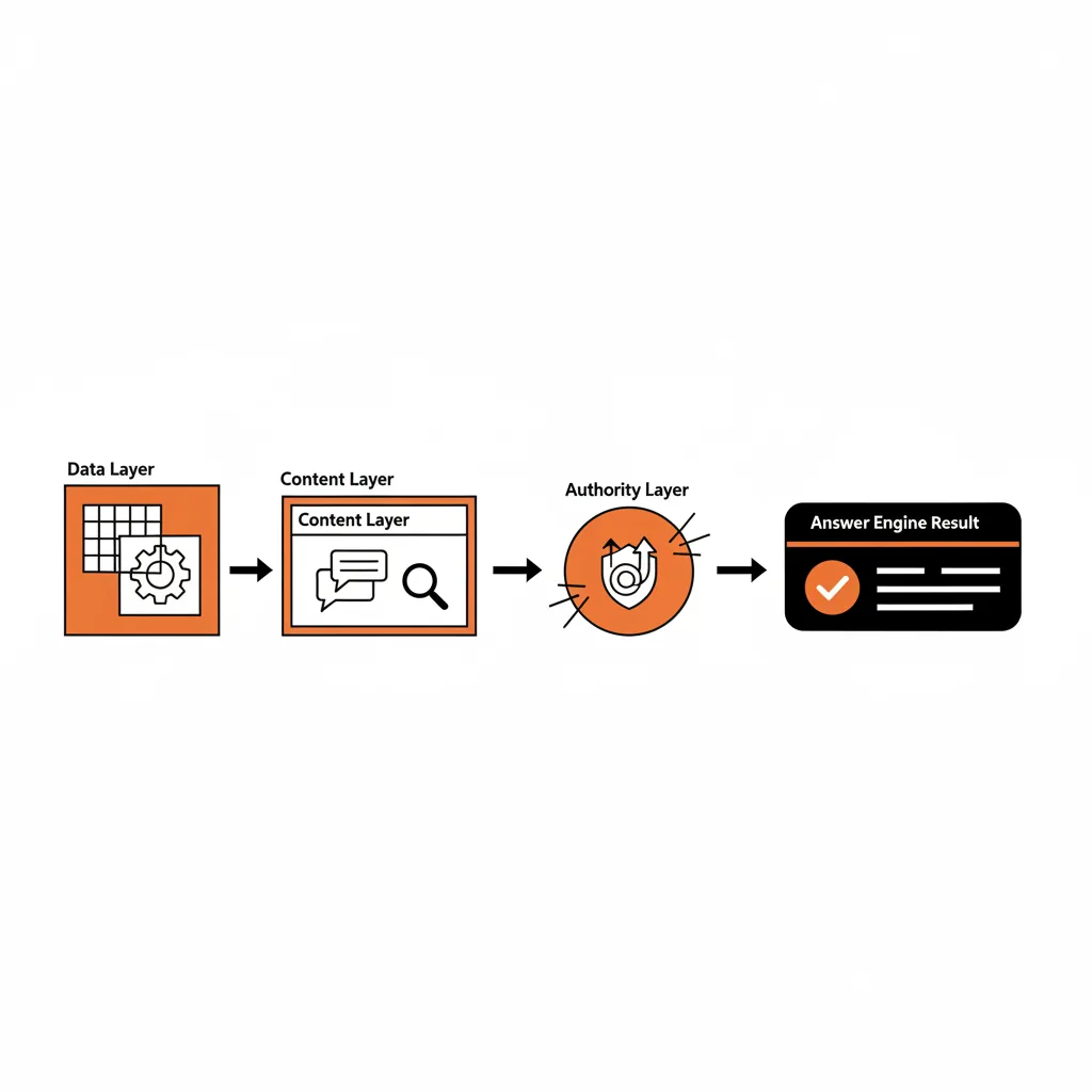 A flowchart showing the layers of a modern AEO framework from technical schema to content delivery.