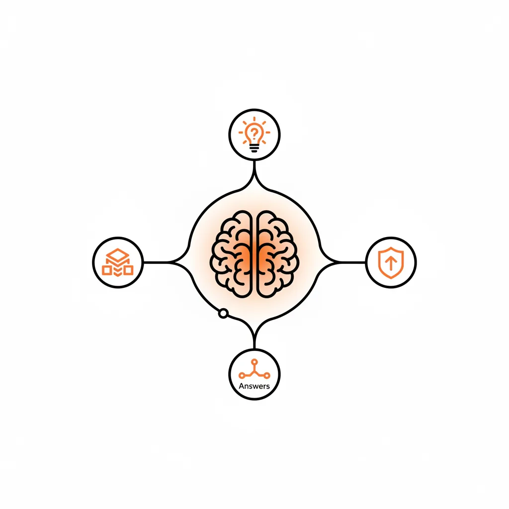 A conceptual illustration of an AEO framework connecting data points to an AI brain icon.