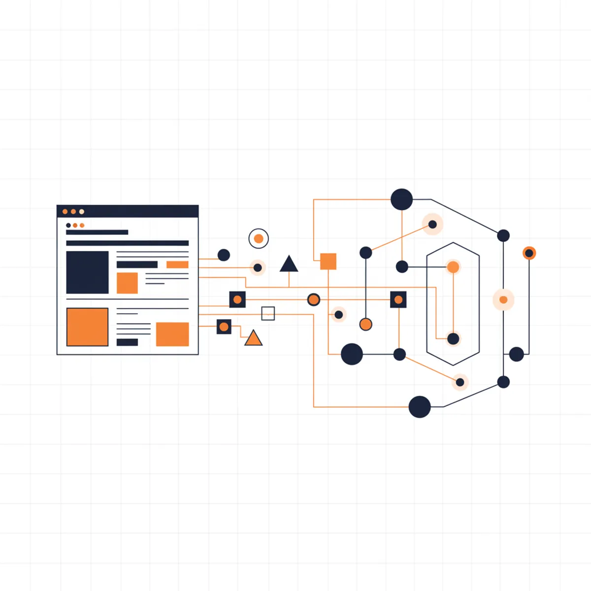 Abstract visualization of data flowing from a website into a neural network architecture