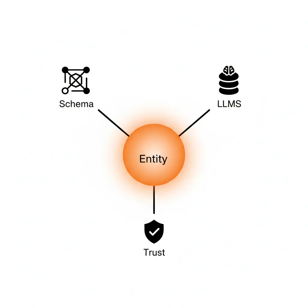 A visual representation of the AEO Playbook showing the interconnected relationship between structured data, entity mapping, and AI response engines.