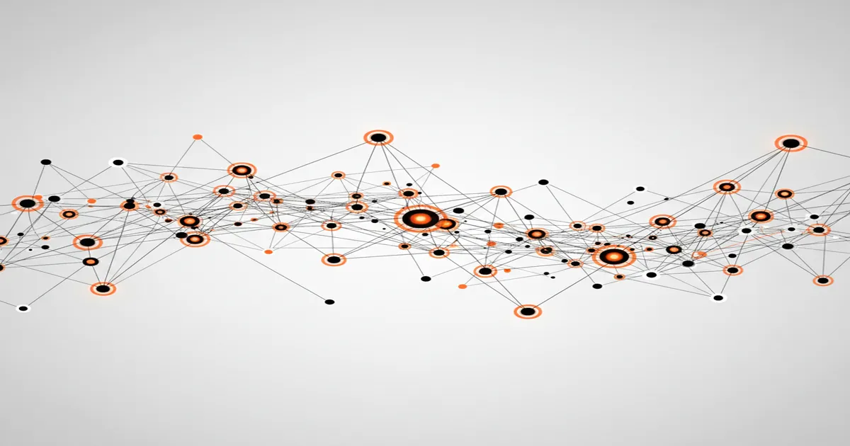 A digital landscape showing interconnected nodes representing entities and a magnifying glass highlighting a code snippet.