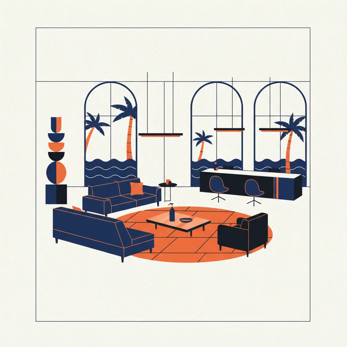 Luxury boutique hotel lobby in South Miami with minimalist aesthetic