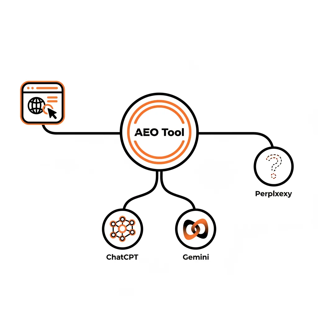 A technical flowchart showing the data flow between AEO tools, knowledge graphs, and AI models like ChatGPT and Gemini.