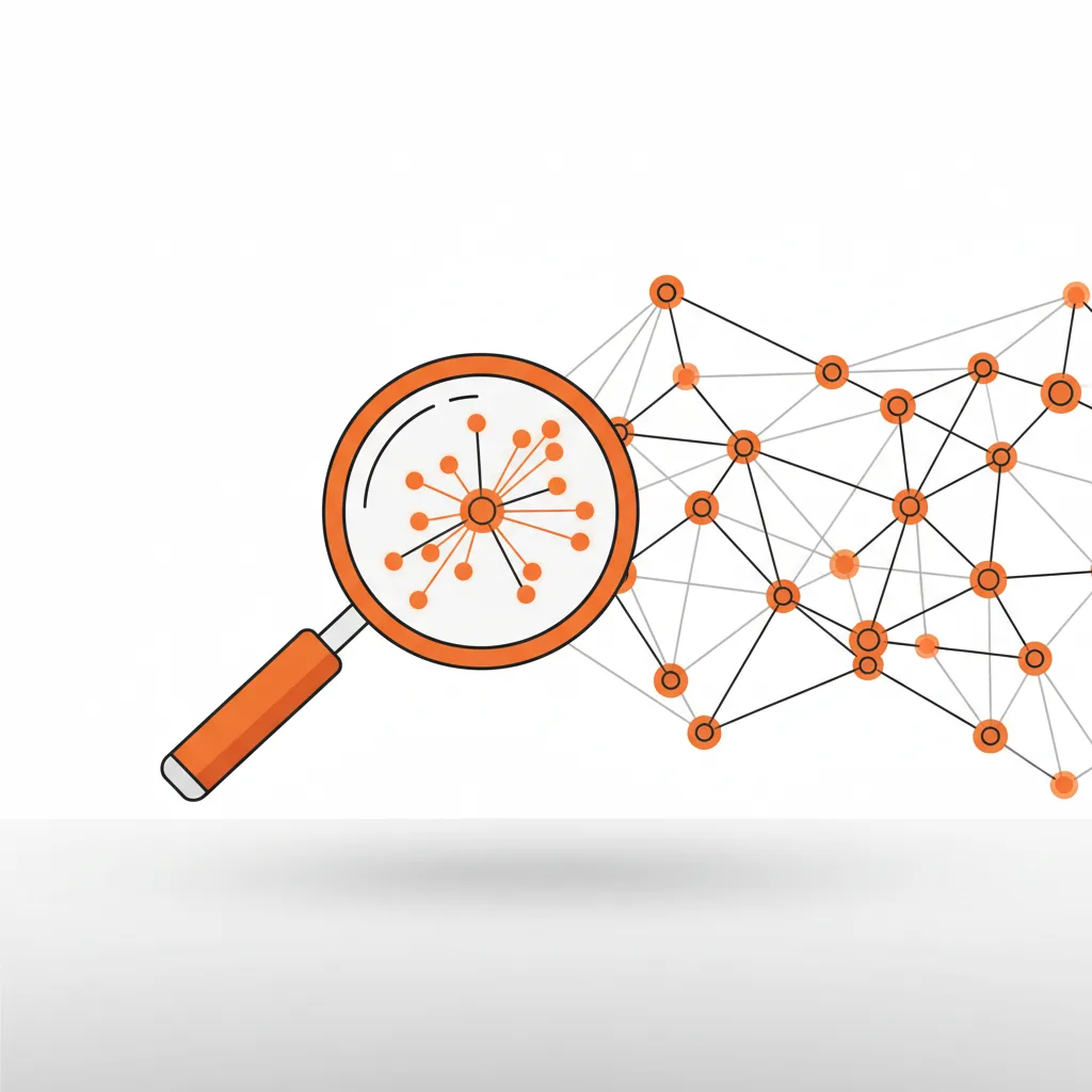 A minimalist vector illustration showing a magnifying glass analyzing a digital data node representing Answer Engine Optimization tools.