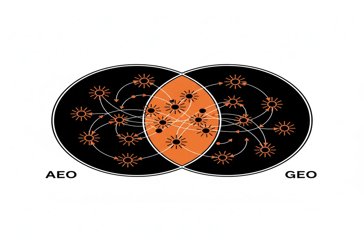 A detailed comparison chart showing the intersection and differences between AEO and GEO strategies.