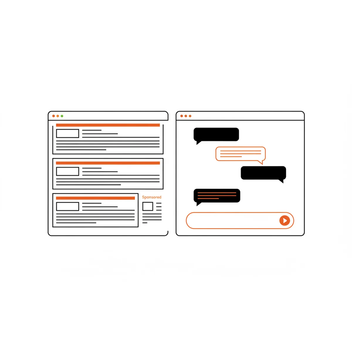 A conceptual illustration comparing search engine results with AI generative answers.