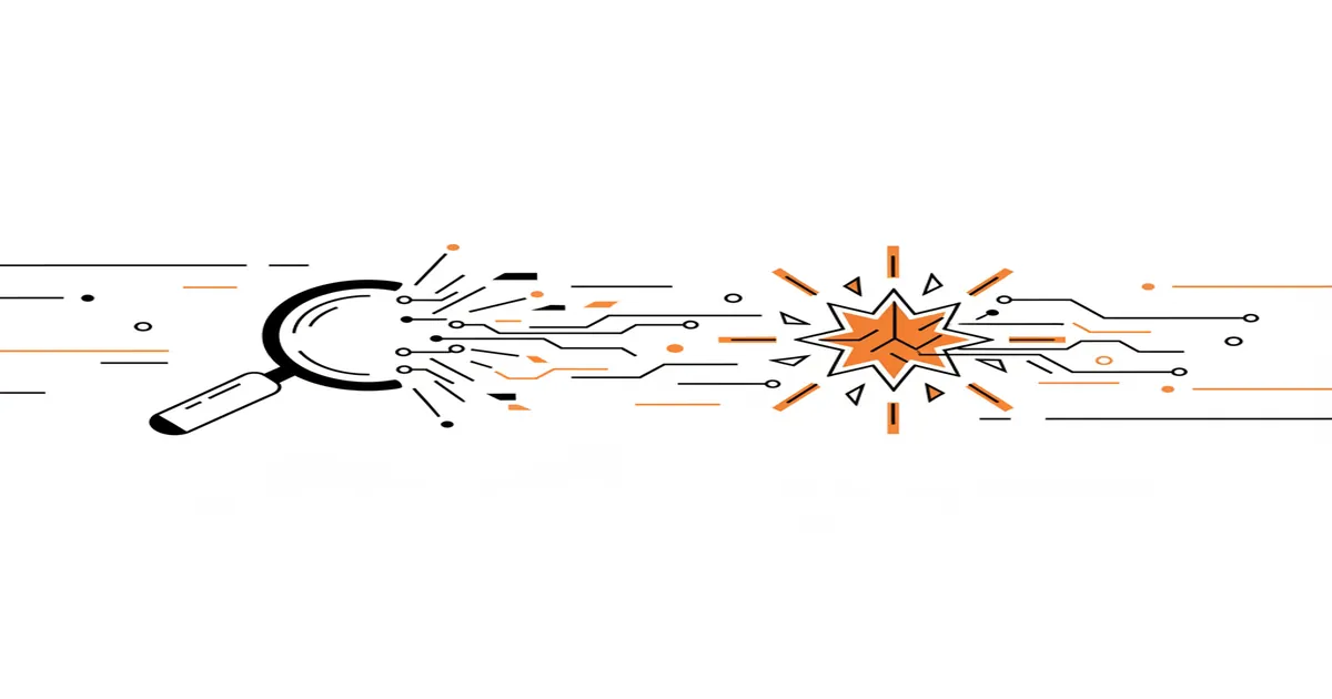 Minimalist vector illustration showing a traditional magnifying glass search icon morphing into a digital AI spark icon.
