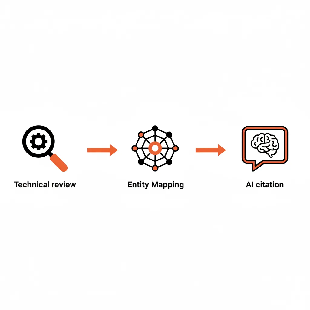 A flowchart illustrating the AEO website audit process from technical schema review to entity verification and AI citation monitoring.