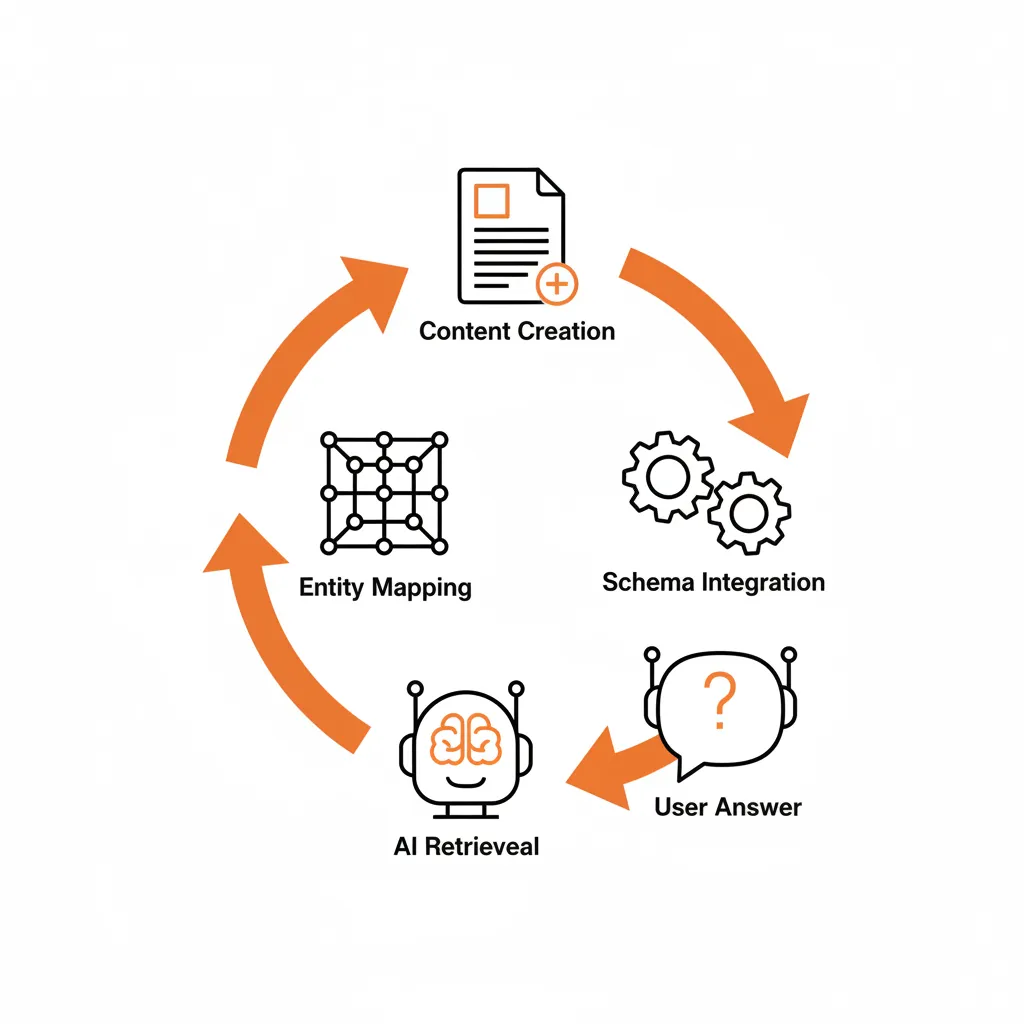 A flow chart showing the relationship between entities, schema markup, and AI engine retrieval.