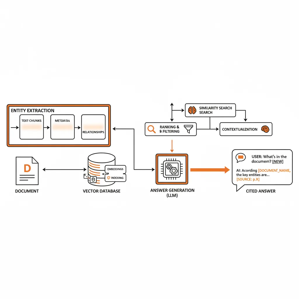 Flowchart showing how AI ranking factors connect content, entities, and citations to a generated answer.