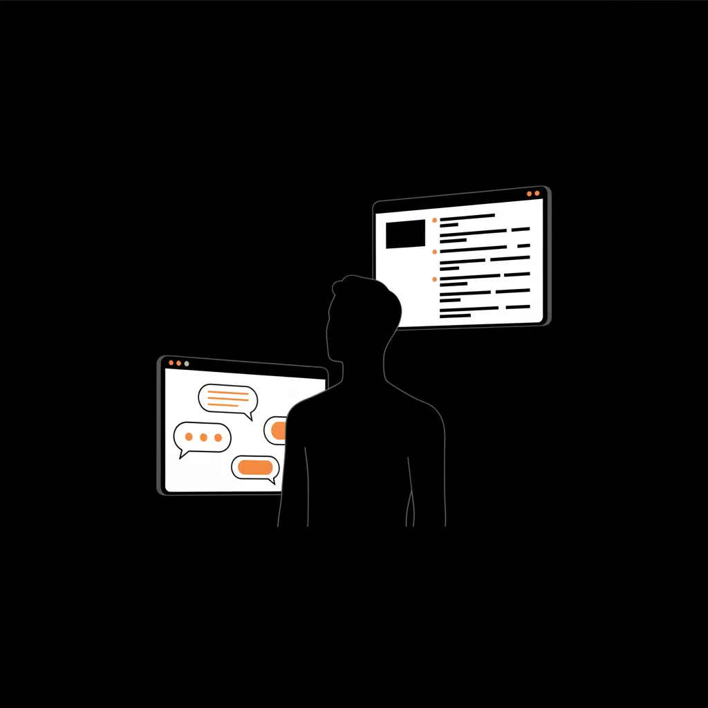 Illustration of a user interacting with a digital interface comparing AI and search results.
