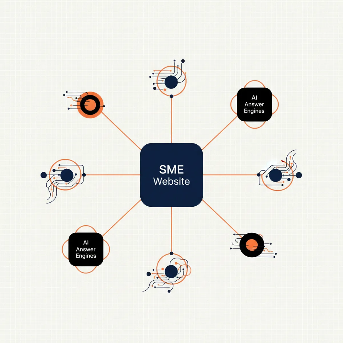 Conceptual visualization of an SME website connecting to multiple AI answer engines through data nodes.