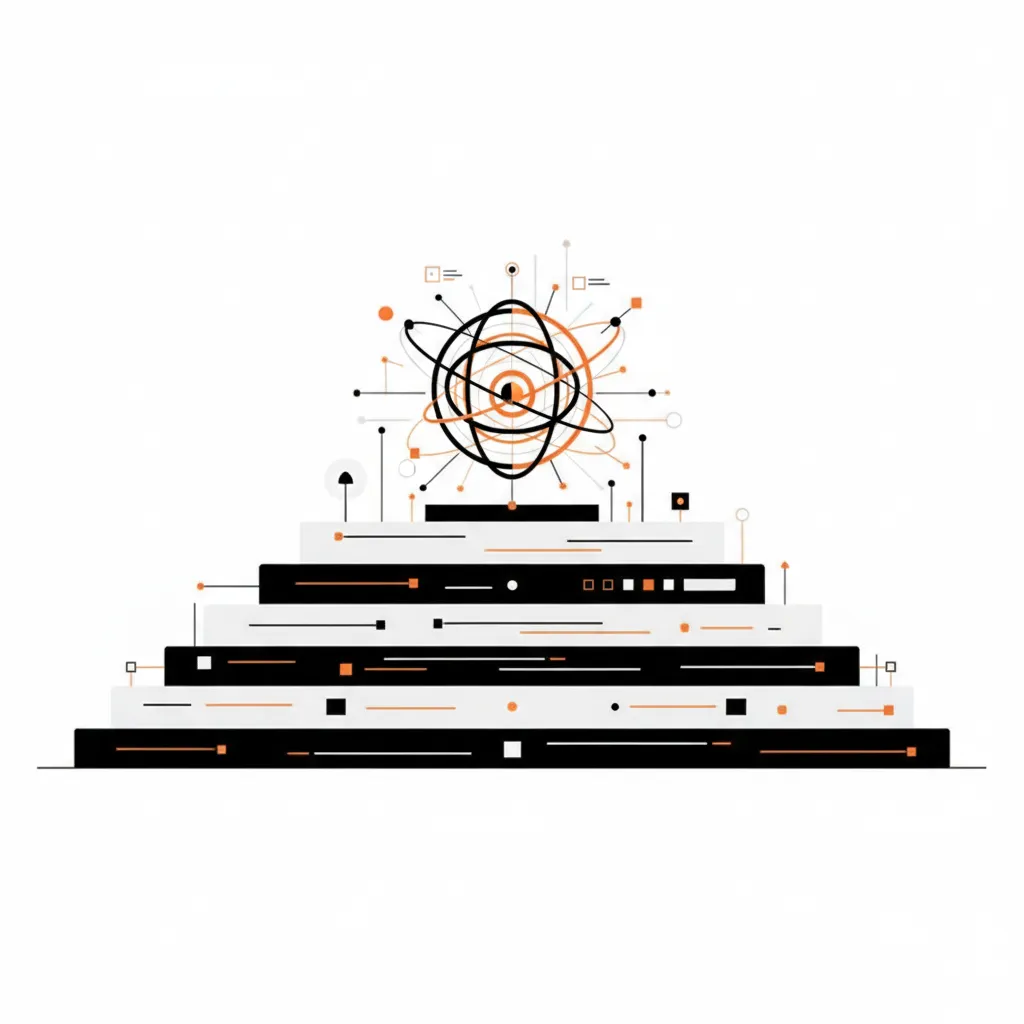 An abstract illustration of a digital landscape with layers of data flowing into an AI brain icon.