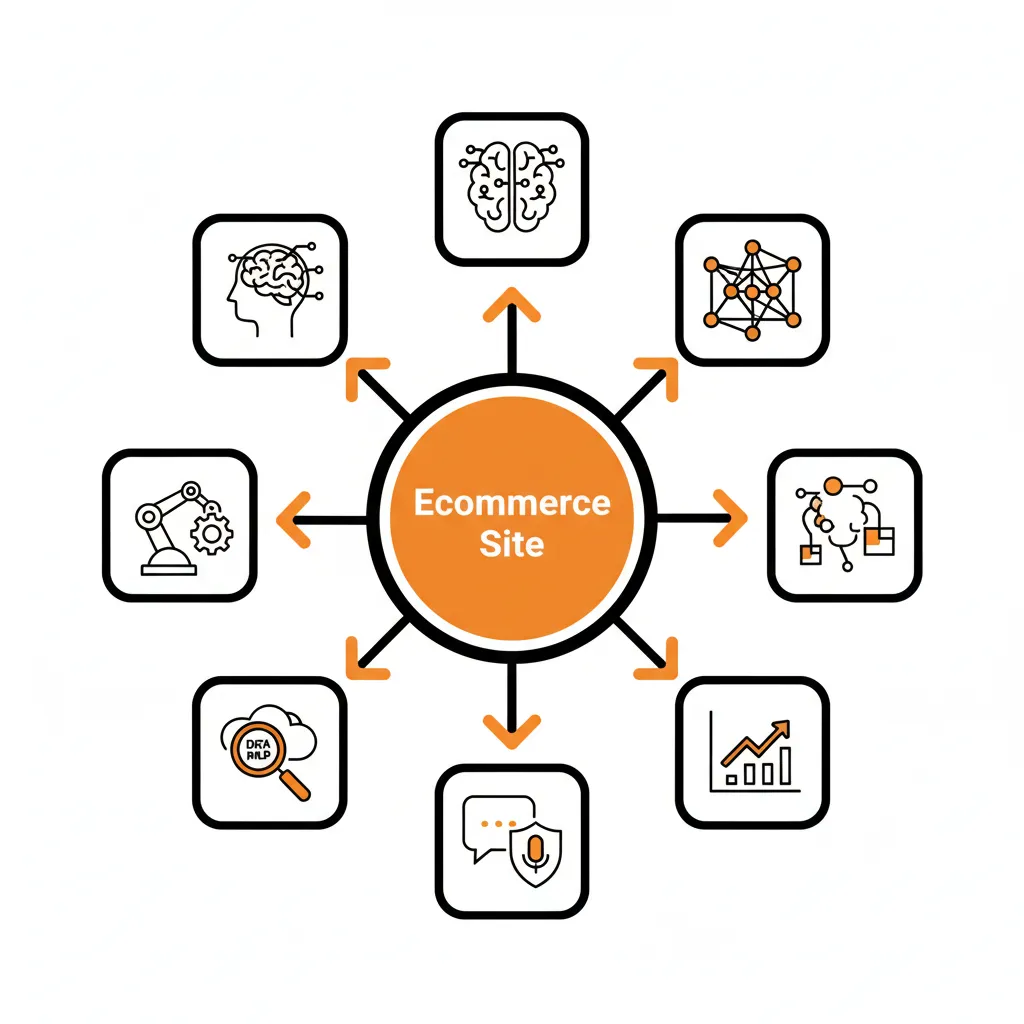 A comparison diagram showing how AEO tools for ecommerce connect a central product database to various AI platforms like ChatGPT, Gemini, and Perplexity.