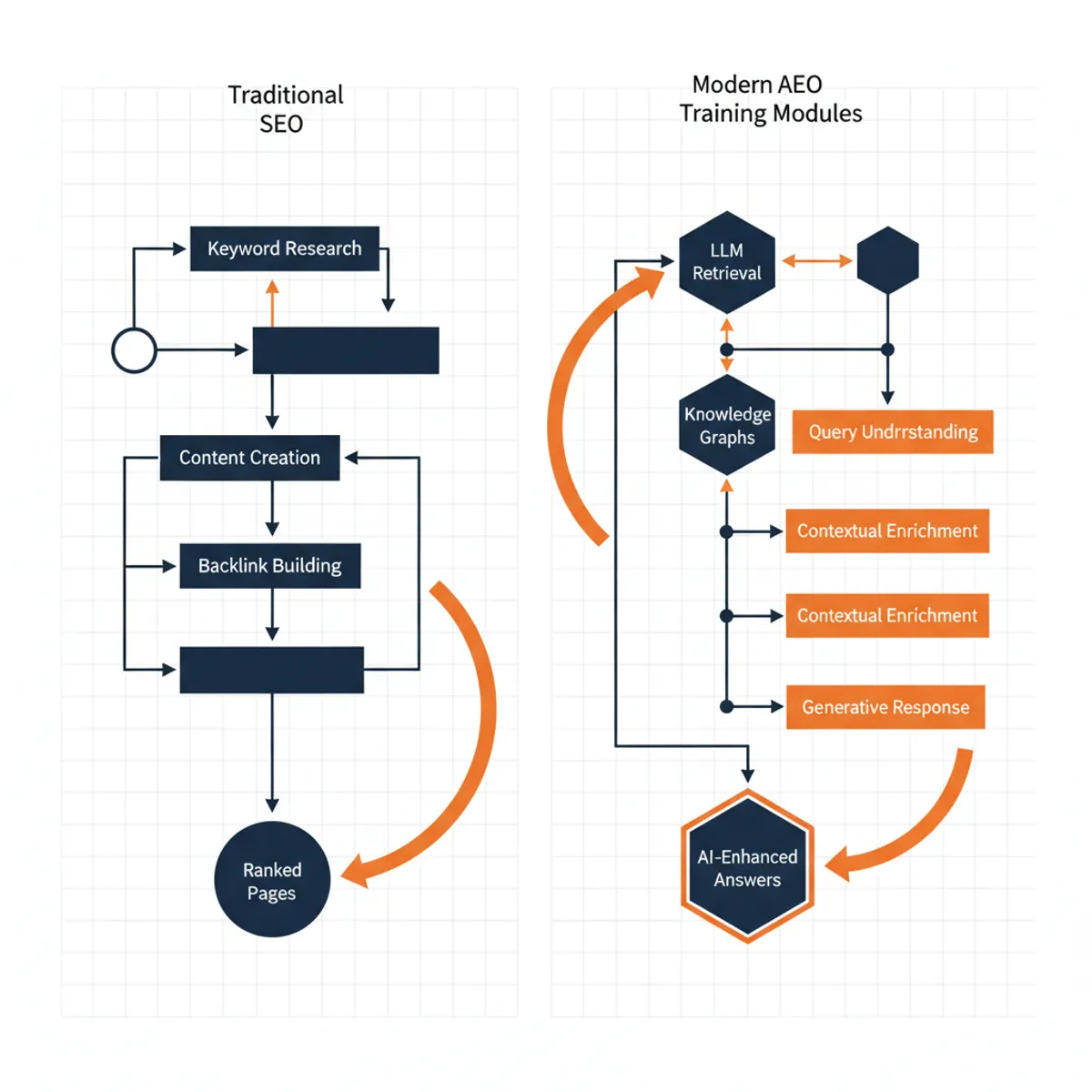 A flowchart comparing traditional SEO workflows with modern AEO training modules focusing on LLM retrieval and knowledge graphs.