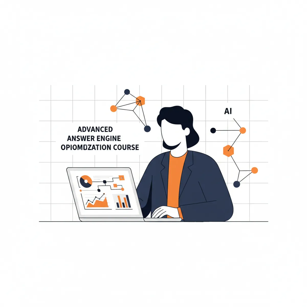 Professional digital marketer studying an advanced Answer Engine Optimization course on a high-end laptop with AI search diagrams in the background.