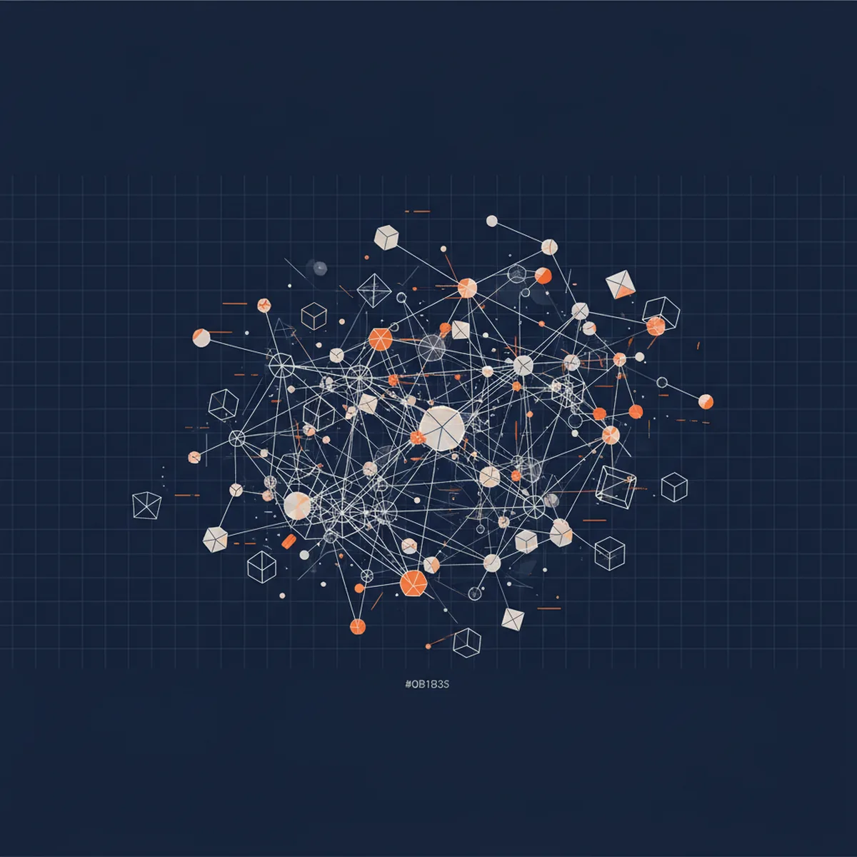 A complex 3D visualization of interconnected data nodes representing semantic schema markup for artificial intelligence.