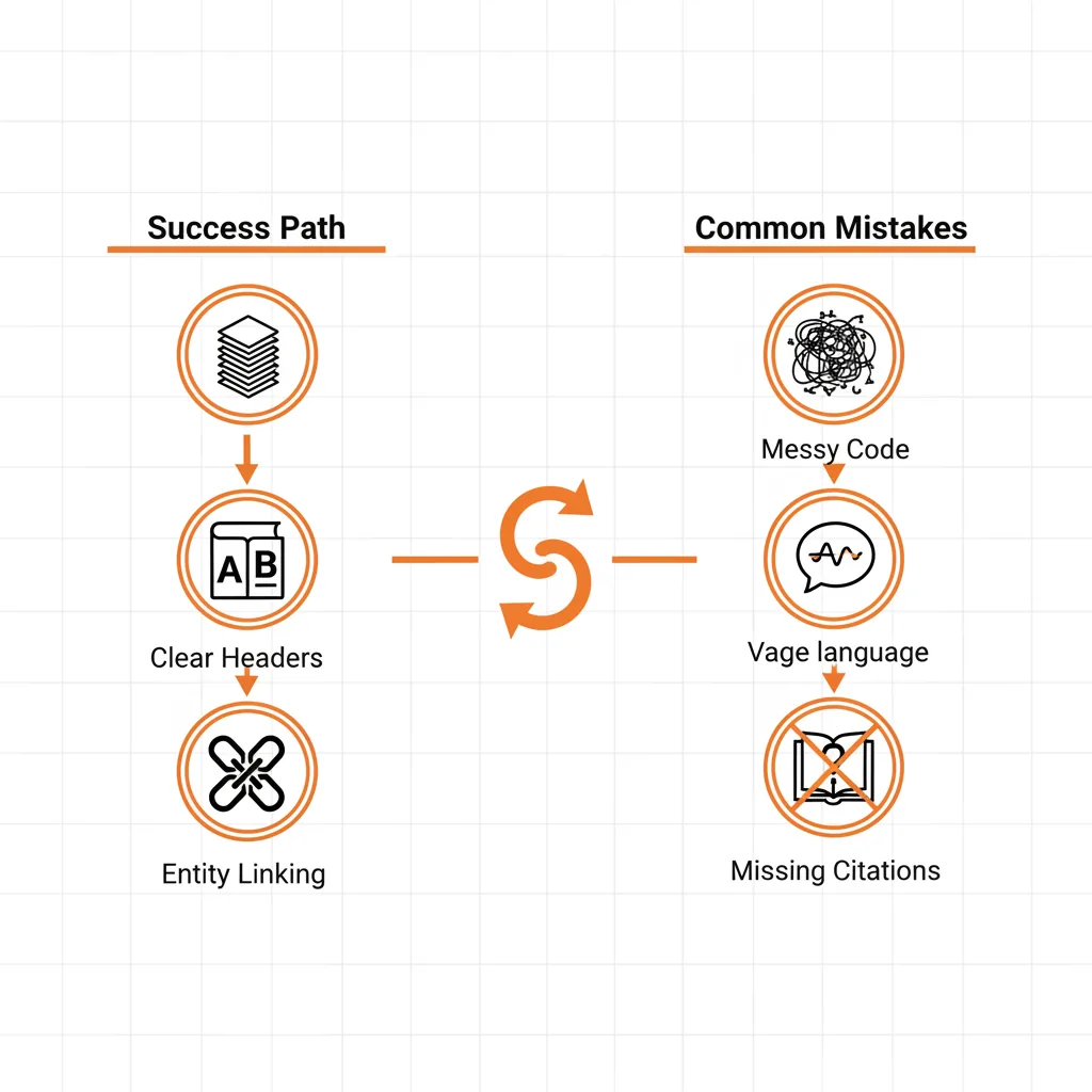 A flowchart illustrating the AEO optimization process versus common mistakes.