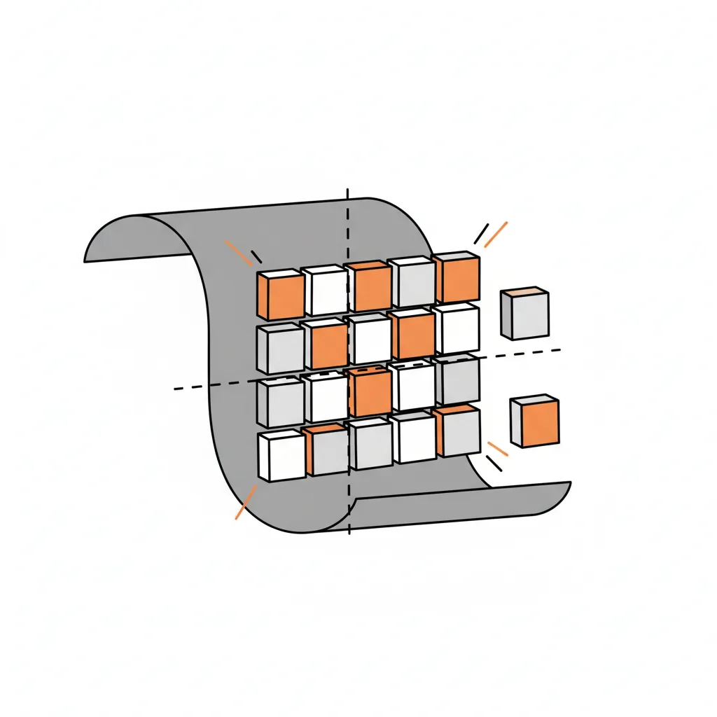 A minimalist flat vector illustration showing a large block of information being neatly organized into smaller, orange-accented square modules.