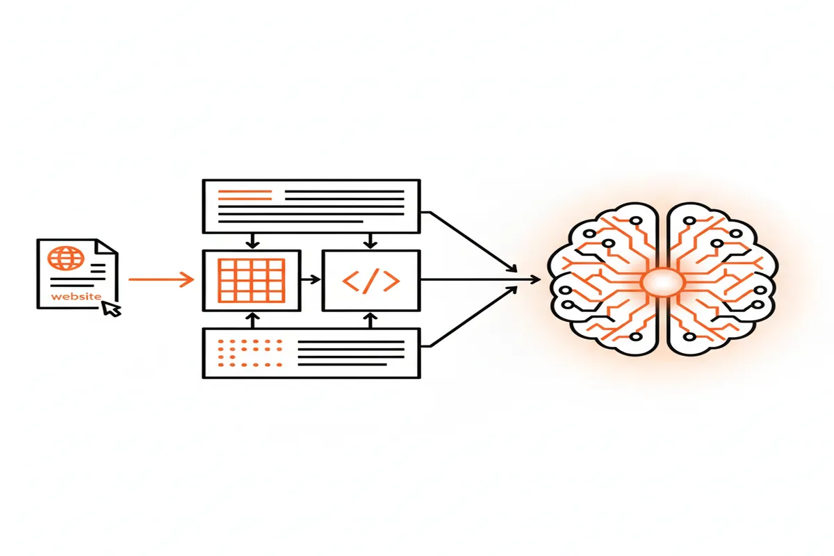 Visual flowchart showing how AI models process website content structure for AEO.