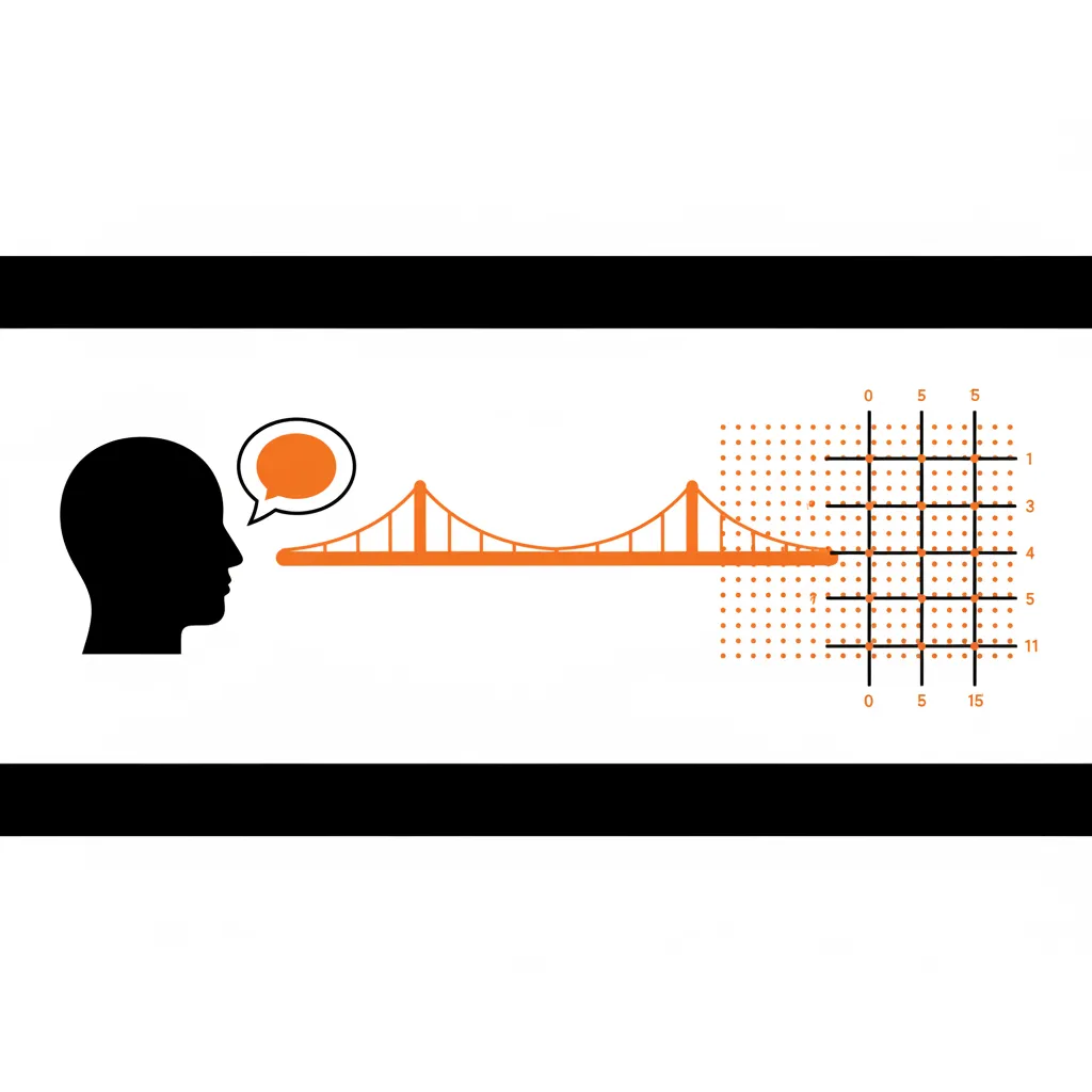 A professional illustration showing a bridge between human language and a digital vector grid.
