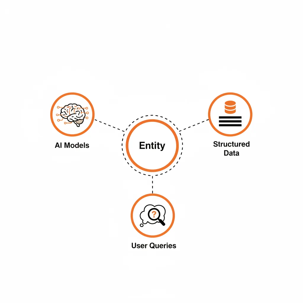 A professional diagram showing the interconnected relationship between Large Language Models, Schema Markup, and Brand Entities in a knowledge graph.
