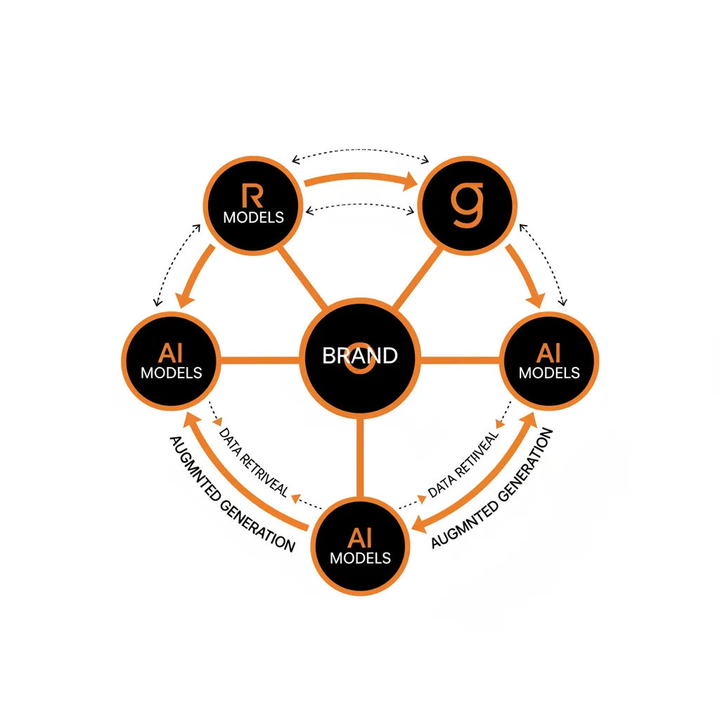 A clean vector diagram showing the relationship between a brand entity, a knowledge graph, and AI search engines like ChatGPT and Gemini.