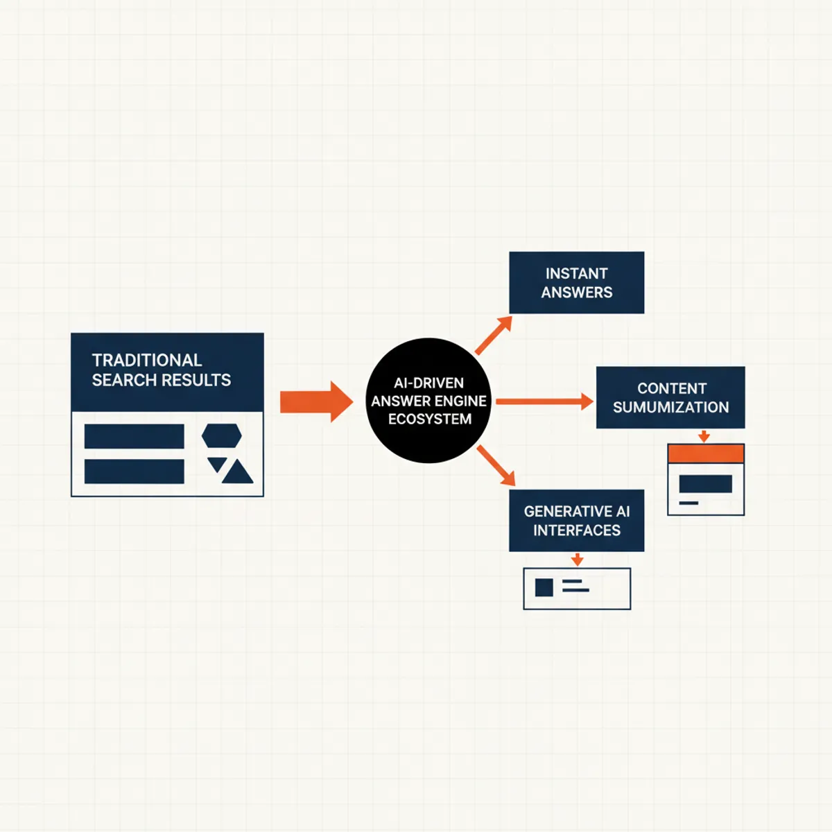 Flowchart showing the transition from traditional search engine result pages to AI-driven answer engine ecosystems.