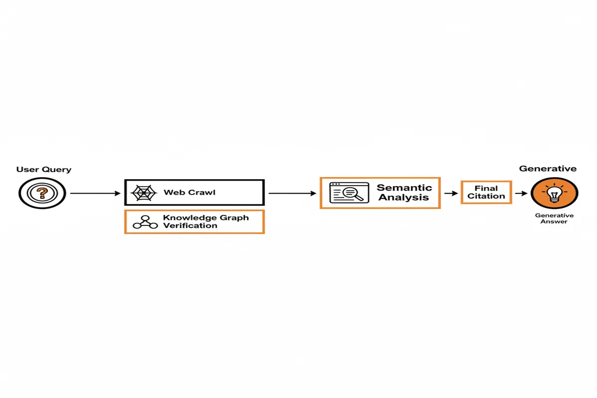 Flowchart showing the 2026 AI source selection process from user query to citation.
