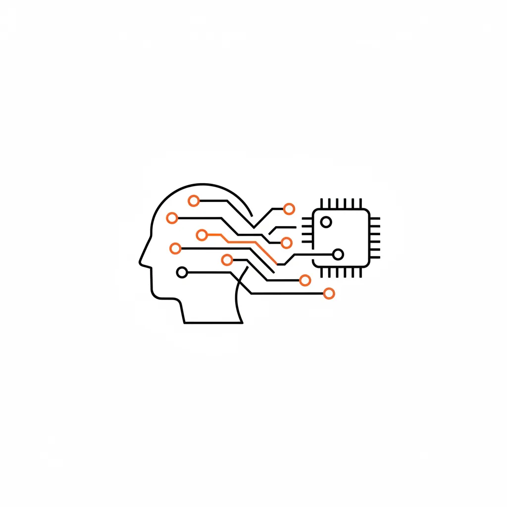 A minimalist illustration showing a human brain and a digital processor connected by a network of nodes and vectors.