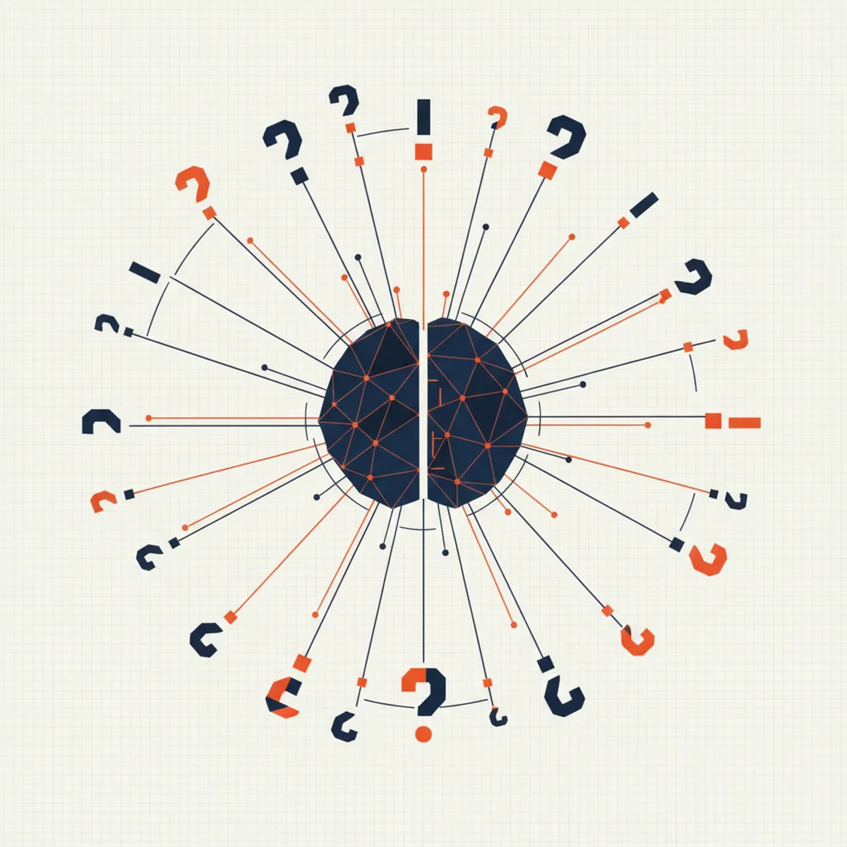 A conceptual digital interface showing a network of questions connecting to a central AI brain