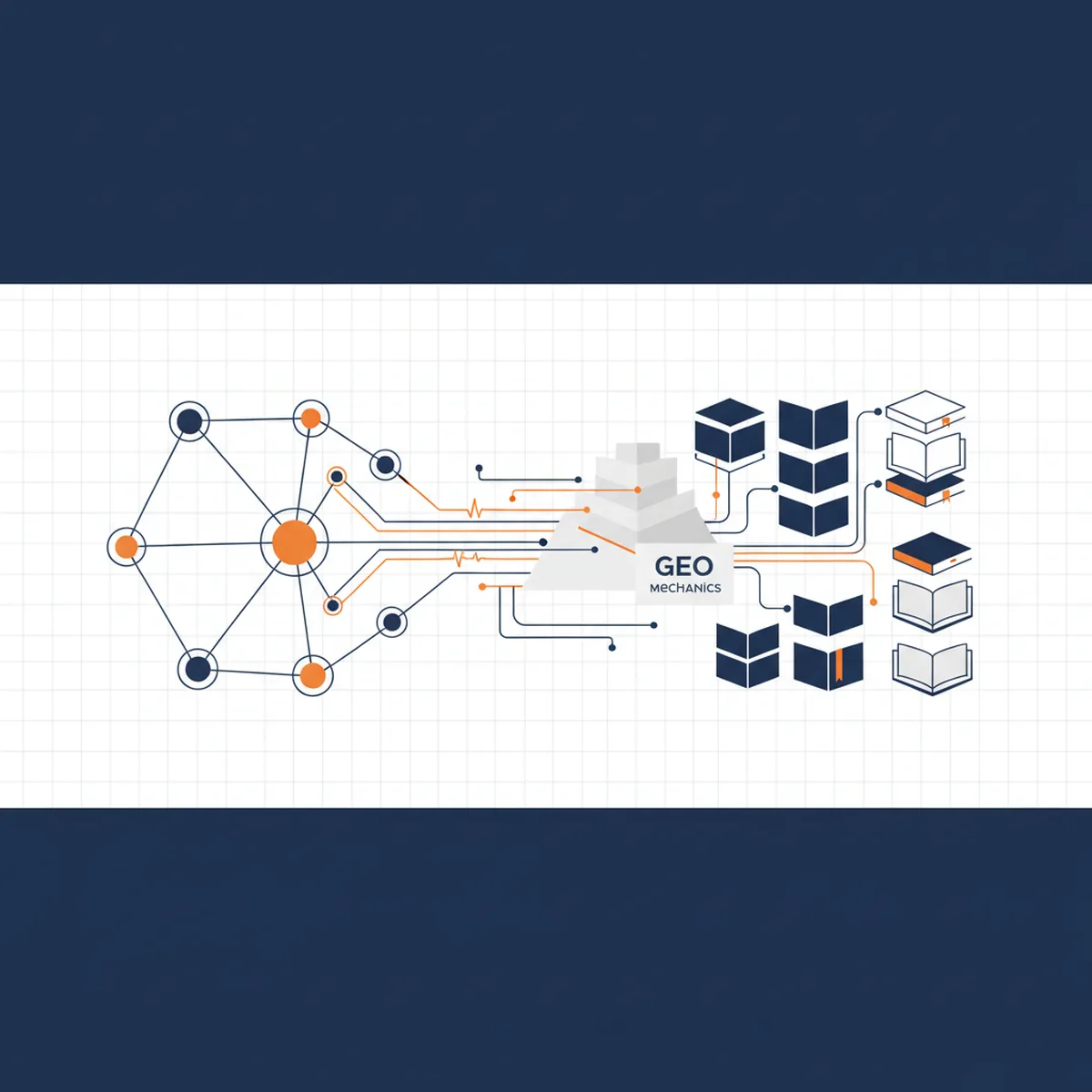 A conceptual diagram showing a neural network interfacing with a digital library to represent GEO mechanics.