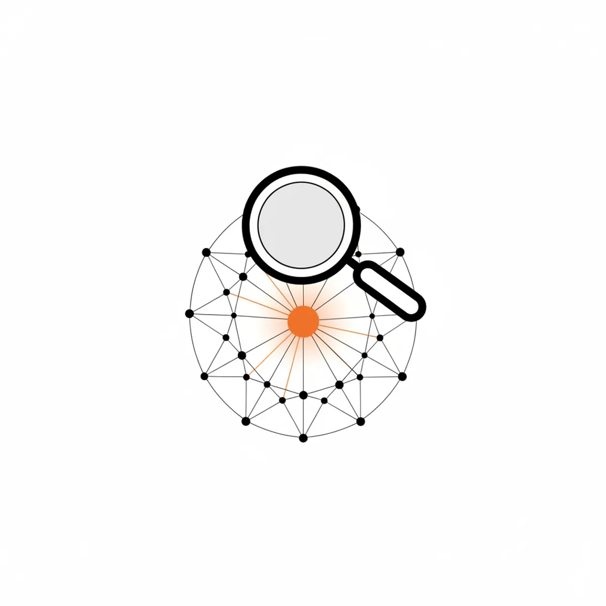 Modern vector illustration showing a magnifying glass analyzing a digital network representing Answer Engine Optimization.