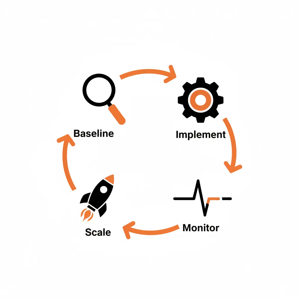 A flow diagram showing the cycle of testing AEO changes starting from baseline measurement to full rollout.