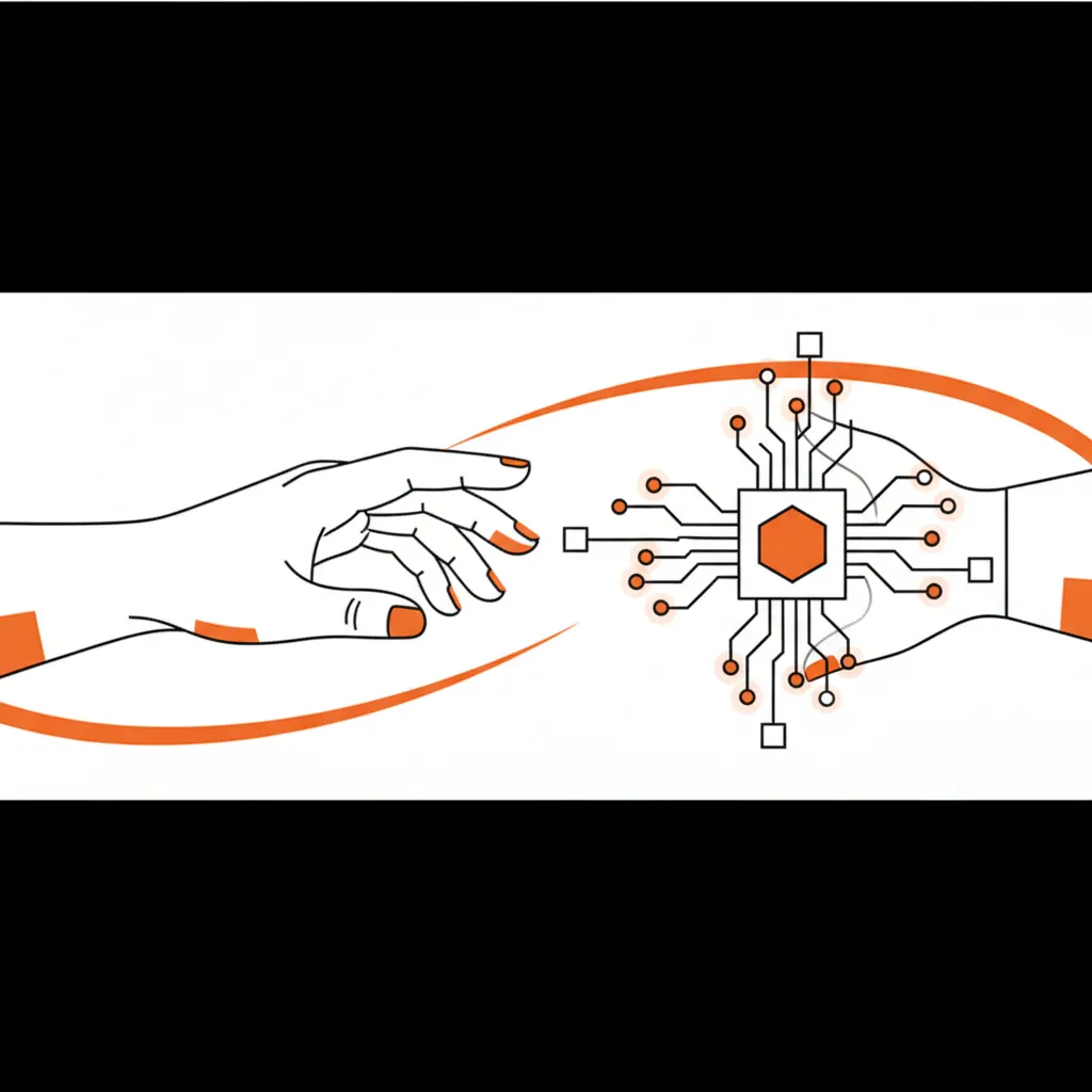 A minimalist illustration of an AI brain connecting to a human hand, representing hybrid content creation.