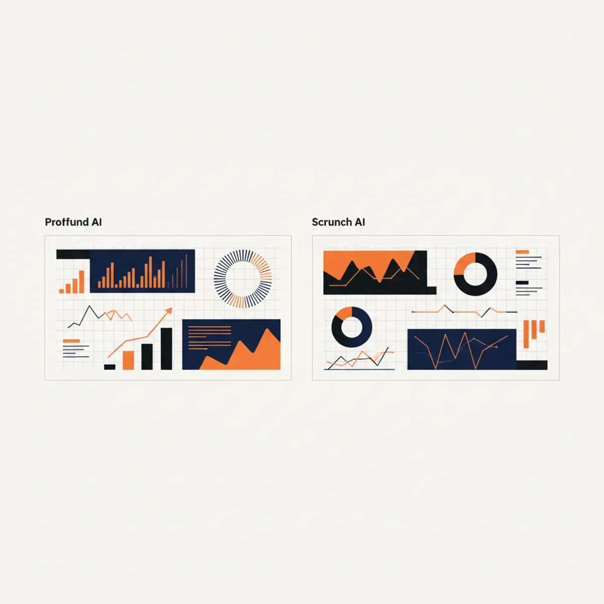 A futuristic digital dashboard comparing Profound AI and Scrunch AI data visualizations showing AI search visibility metrics.