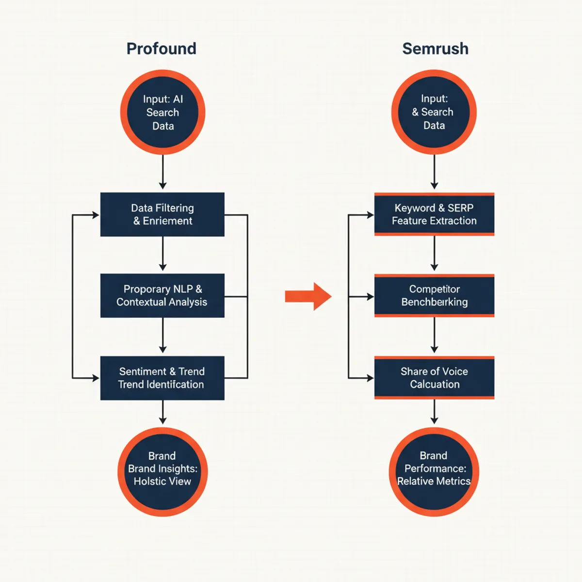 A flowchart showing how Profound and Semrush process AI search data differently for brand tracking