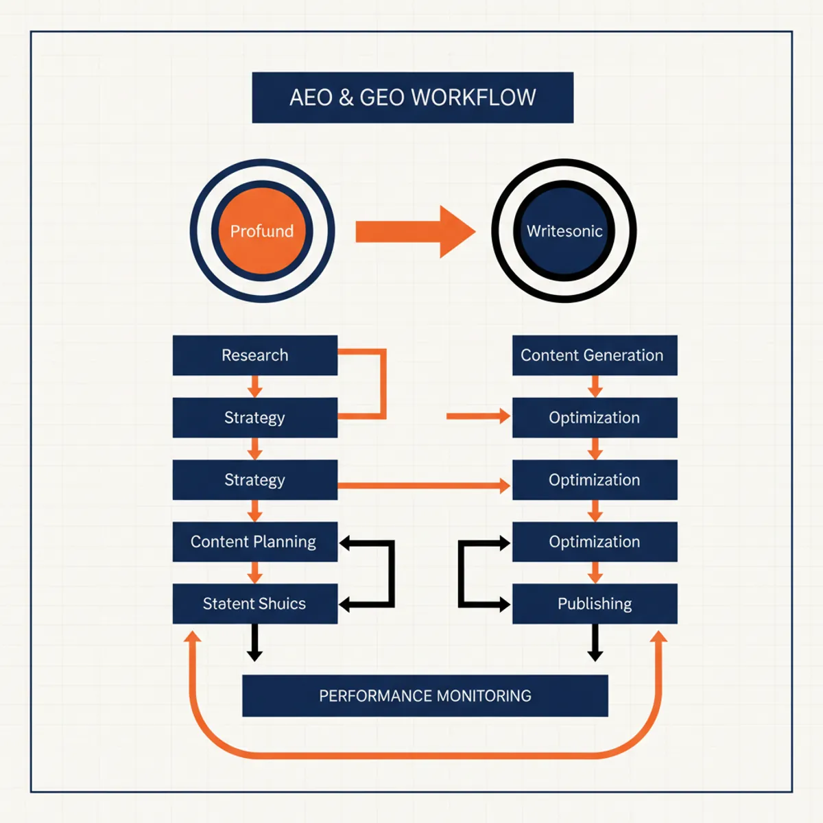 AEO and GEO Workflow Diagram showing Profound and Writesonic roles