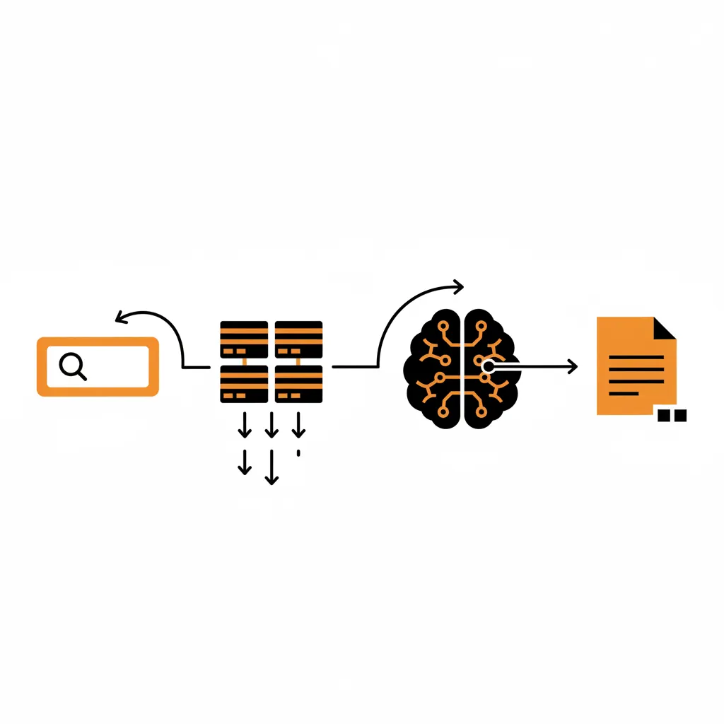 A modern diagram showing the RAG process: a user query triggers a retrieval system to pull data from a vector database before an LLM generates a cited answer.