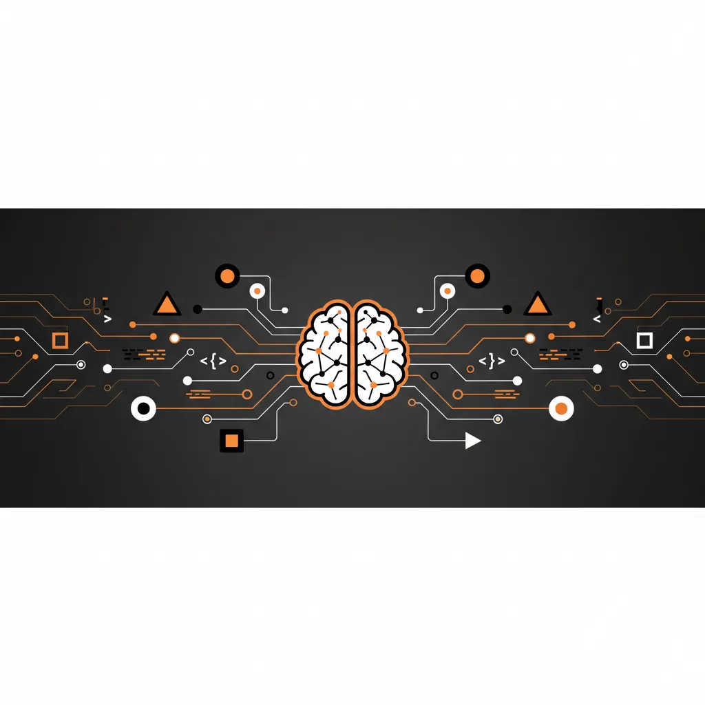 A modern digital workspace featuring icons for structured data, AI processing, and search engine optimization.