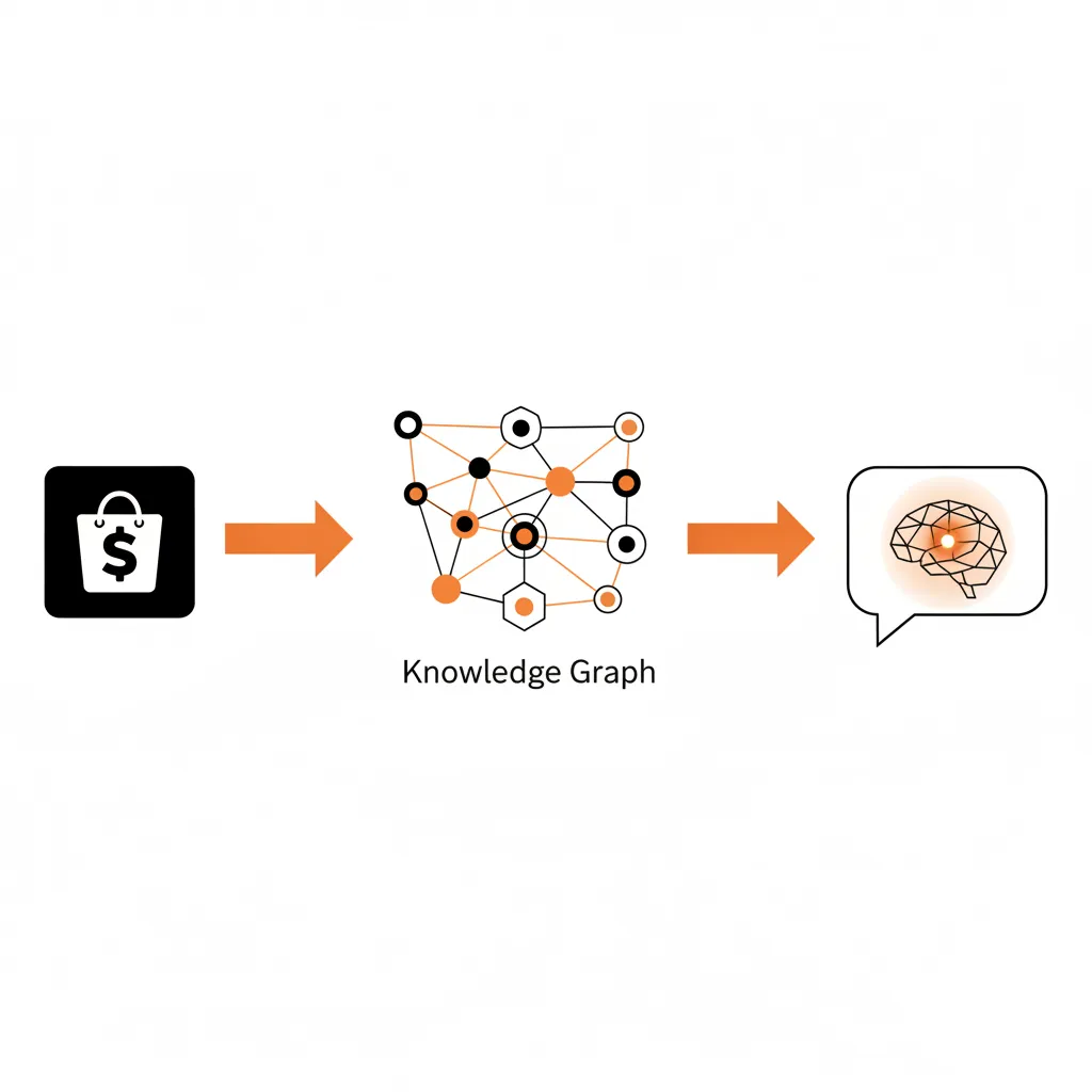 A technical flow diagram showing how Shopify product data moves from the Storefront API through JSON-LD schema into a Knowledge Graph for AI models.