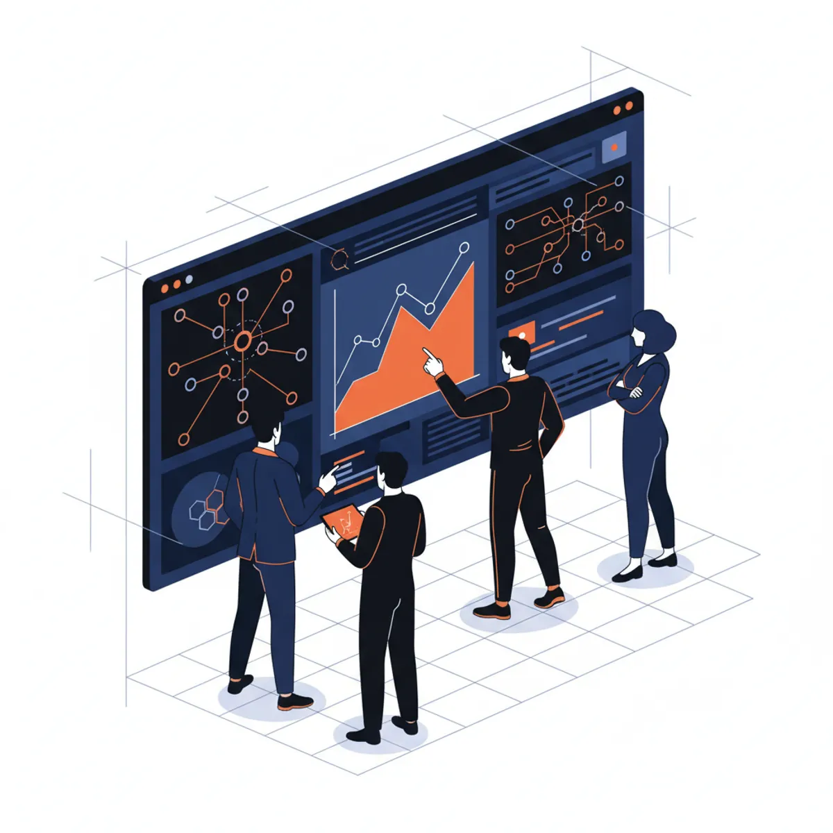 A team of strategists analyzing AI search result patterns on a large digital dashboard.