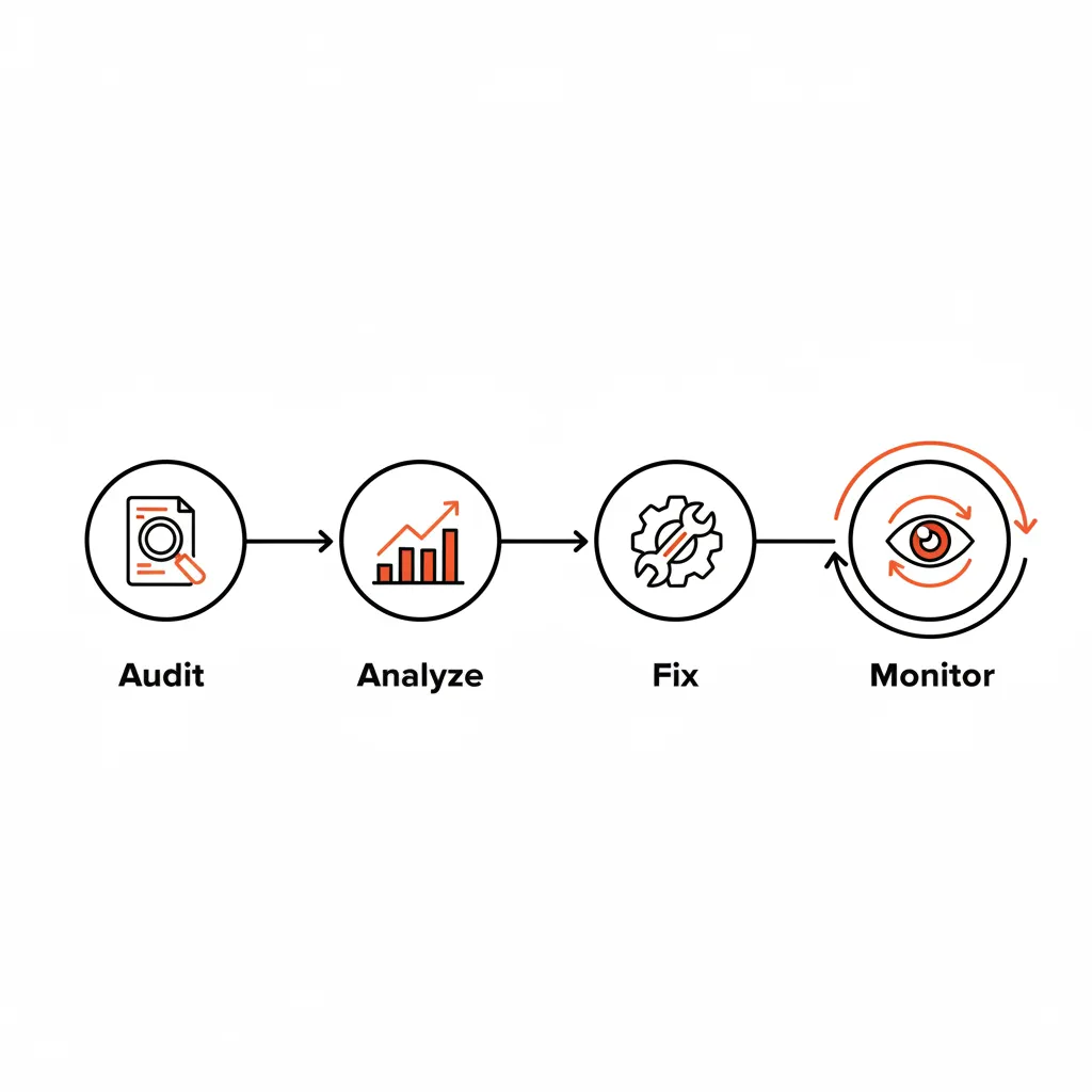 A flowchart showing the AEO troubleshooting process from identifying a ranking drop to implementing technical and content fixes.