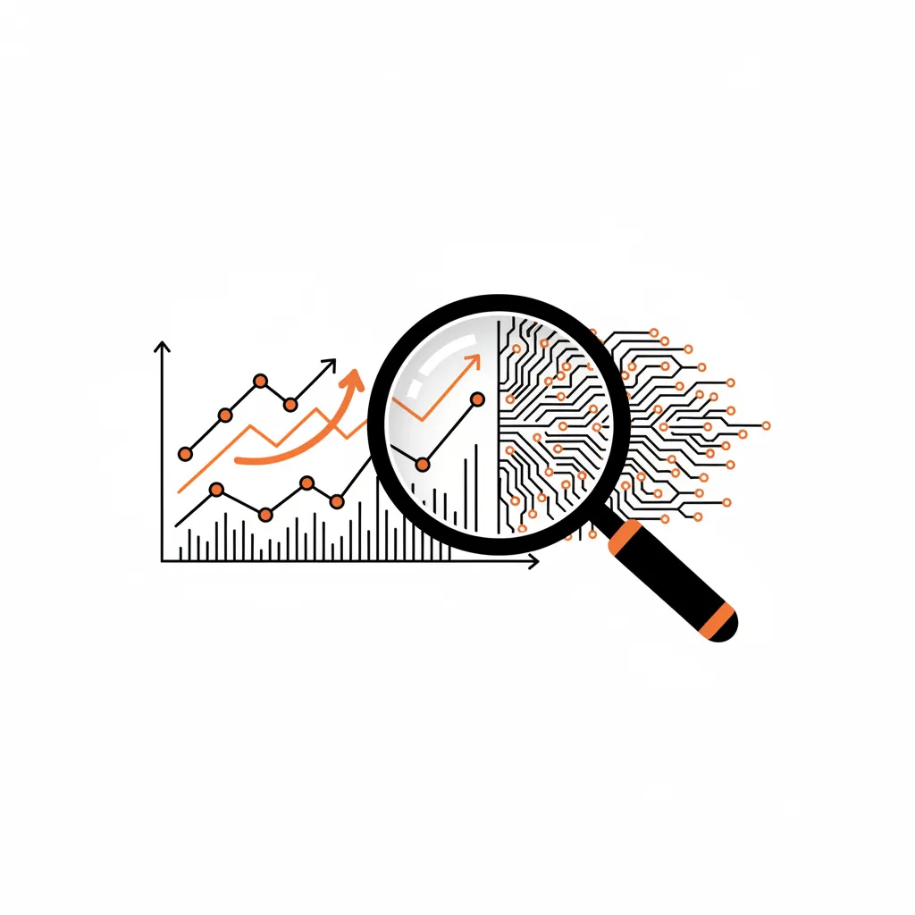An illustration showing a magnifying glass analyzing a digital data stream with orange highlights.
