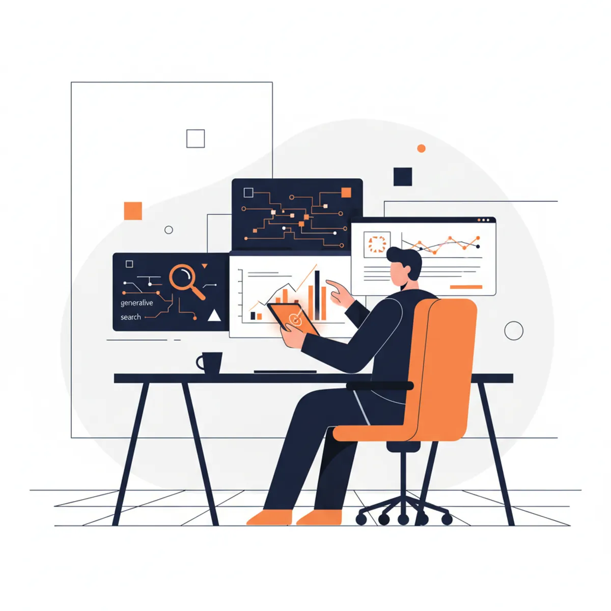 A modern digital office representing an AEO strategist analyzing data for generative search engines.